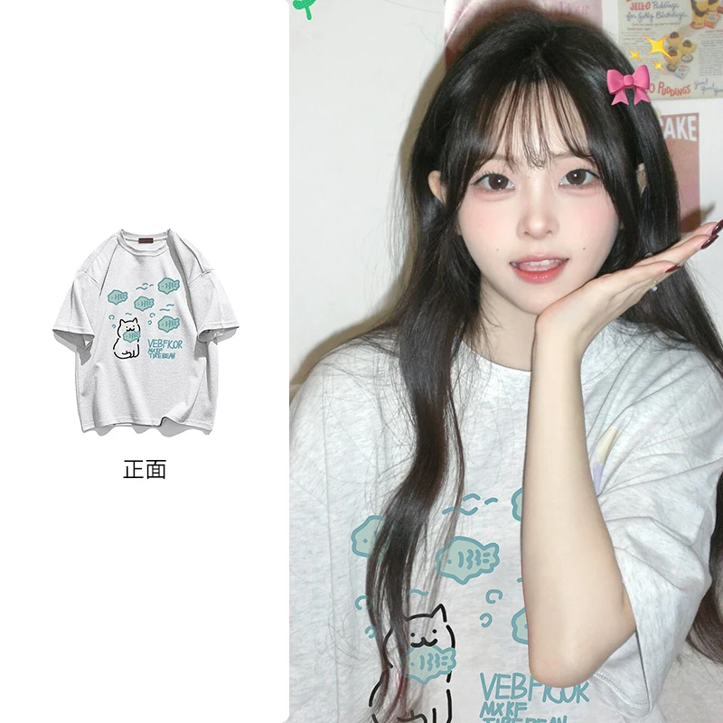 春夏新款可爱猫咪印花T恤女百搭休闲圆领纯棉上衣情侣装#N559