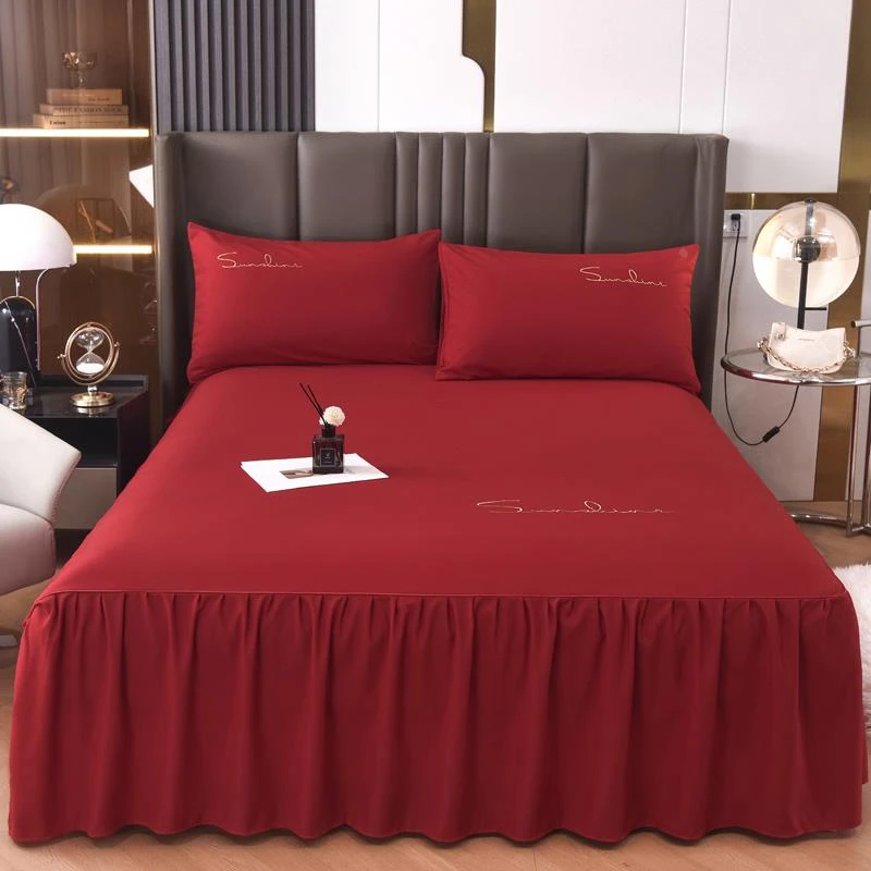 大红色床裙单件结婚婚庆裙式床单床罩式席梦思保护套防尘婚房防滑