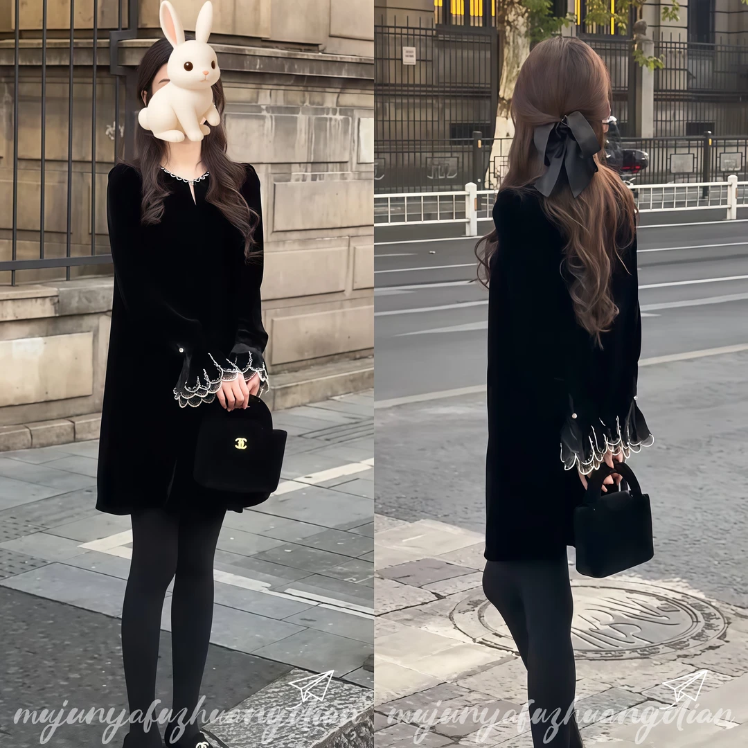 法式重工钉珠亮片时尚花瓣袖高档连衣裙