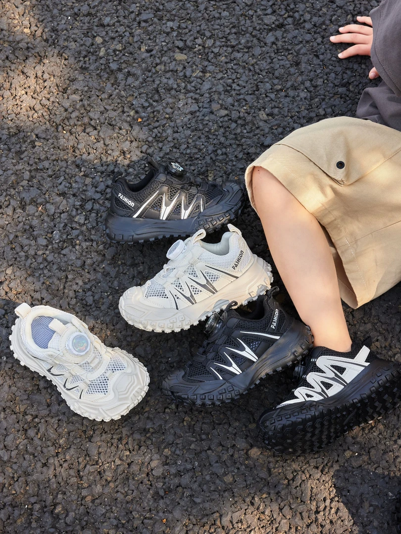 单网登山户外坦克轮胎榴莲底旋转按钮扣式透气男童女童老爹儿童鞋