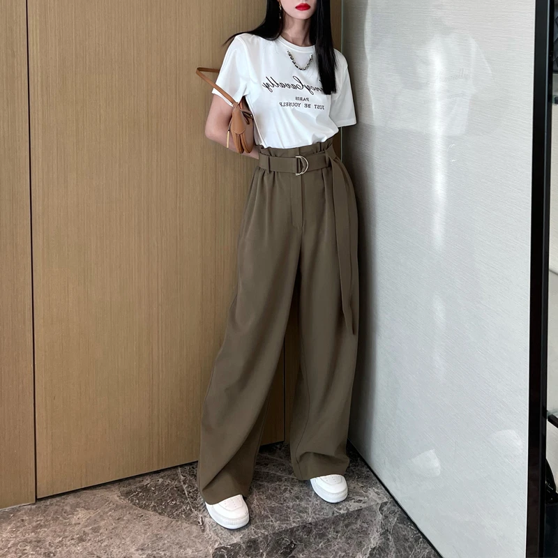 2025年春季休闲时尚长裤洋气女装高腰休闲裤设计感小众直筒裤子
