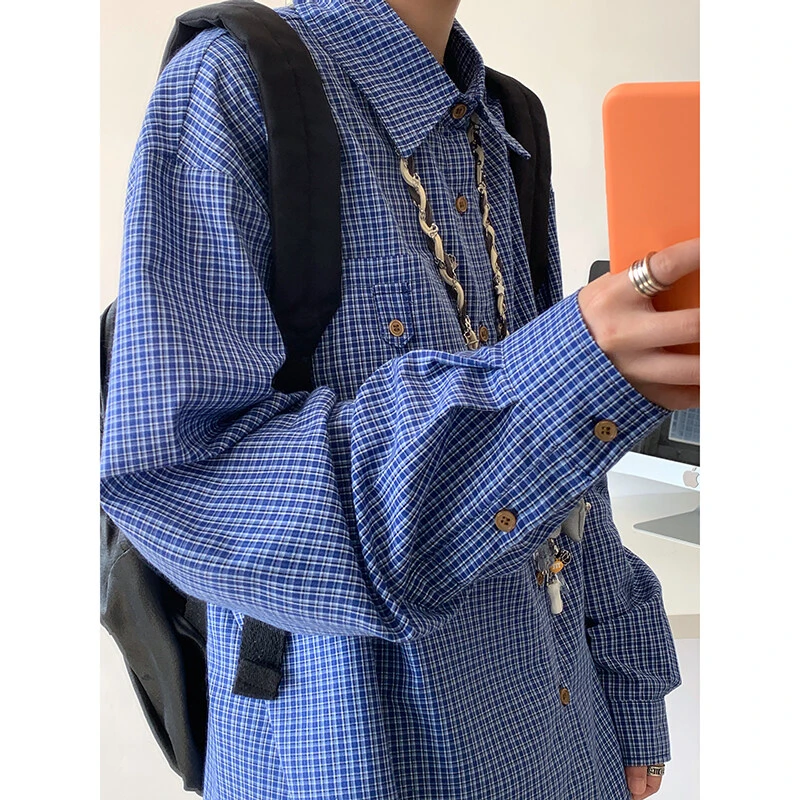 复古蓝色格子长袖衬衫男款春季oversize潮牌宽松衬衣休闲上衣外套