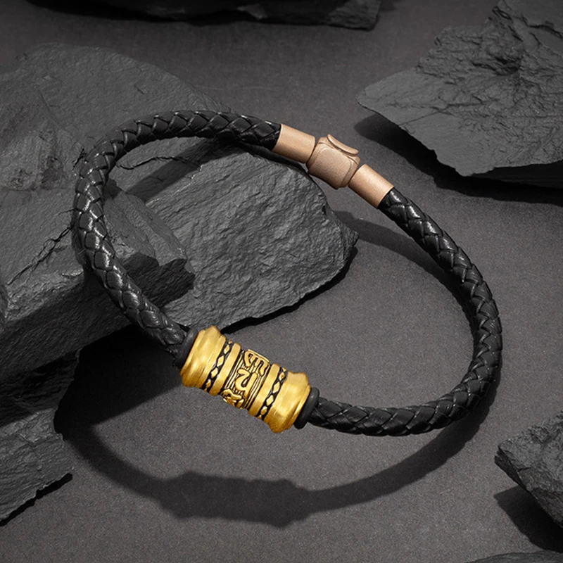 黄金手链足金999金手链刺青黑金转运珠六字真言3D硬金本命年礼物