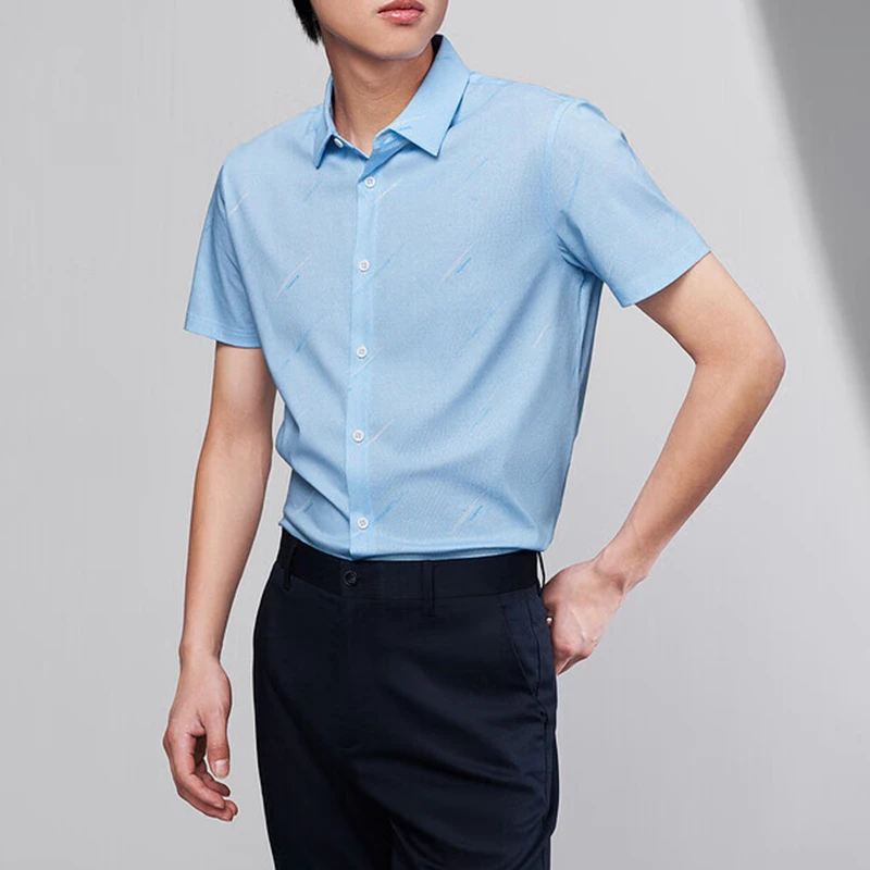 丝光工艺时尚提花休闲男士尖领修身短袖衬衫打底寸衫 24XH0092