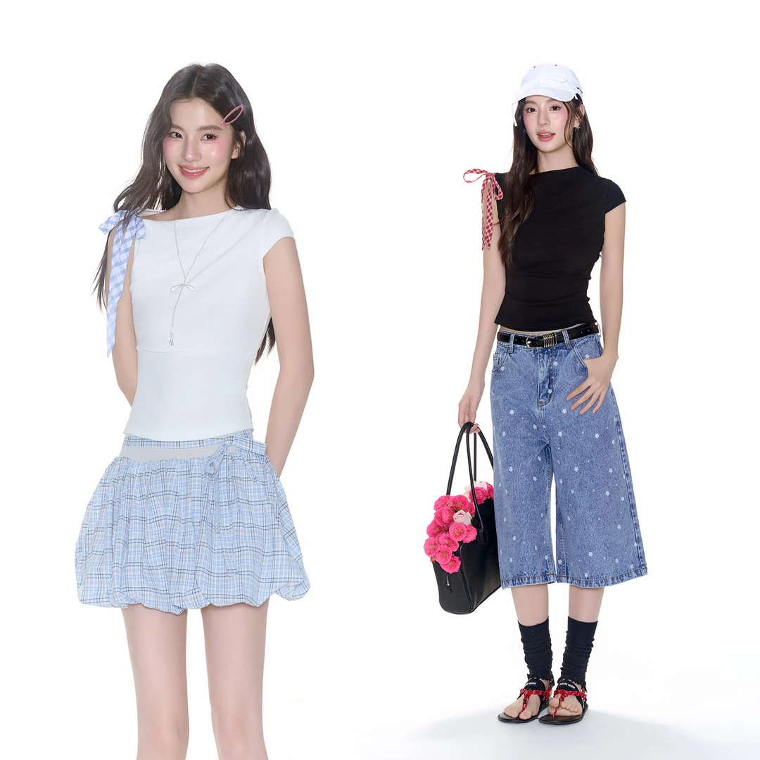 FPMZ不规则斜肩蝴蝶结撞色格绑带短袖T恤正肩收腰夏季基础短上衣