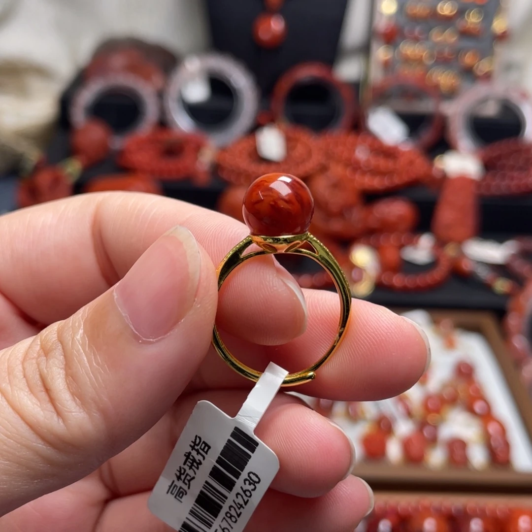 南红玛瑙银S925镶嵌圆珠戒指
