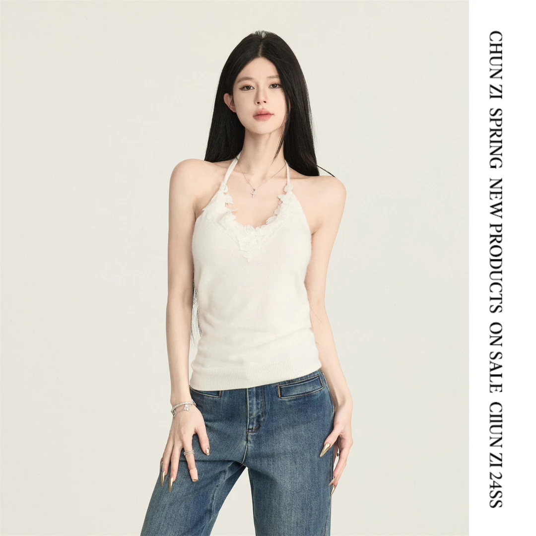 【CHUN ZI】白色V领挂脖蕾丝花朵拼接吊带背心上衣 可内搭外穿
