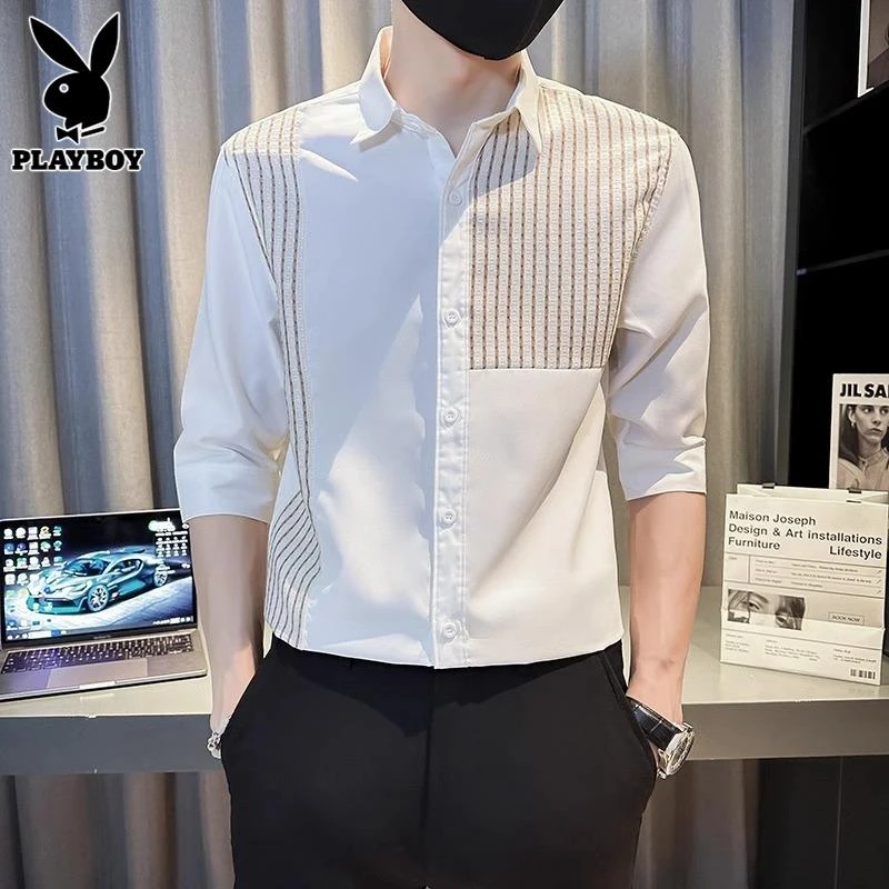 花花公子短袖衬衫男士休闲寸衫夏季新款潮牌拼接条纹五分袖衬衣男