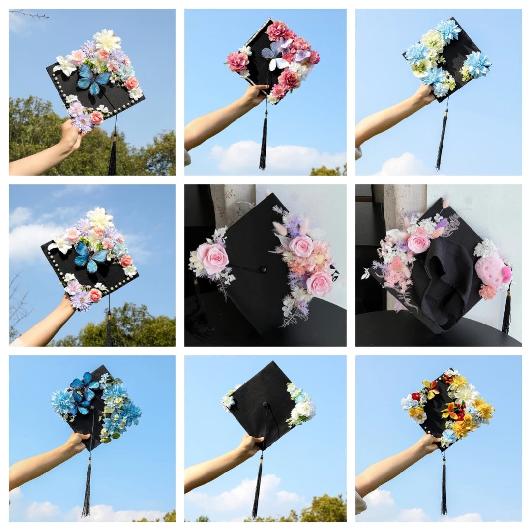 新款簪花学士帽仿真花流苏挂件成人毕业照毕业派对拍照道具装饰帽