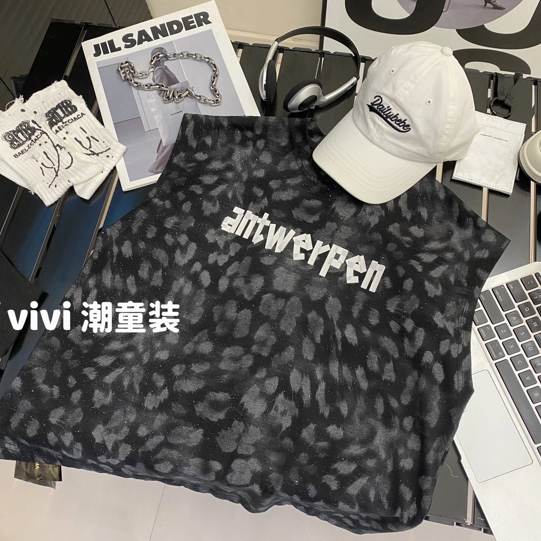 VIVI童装2025夏季潮牌中大童豹纹闪闪印花背心上衣黑色时尚