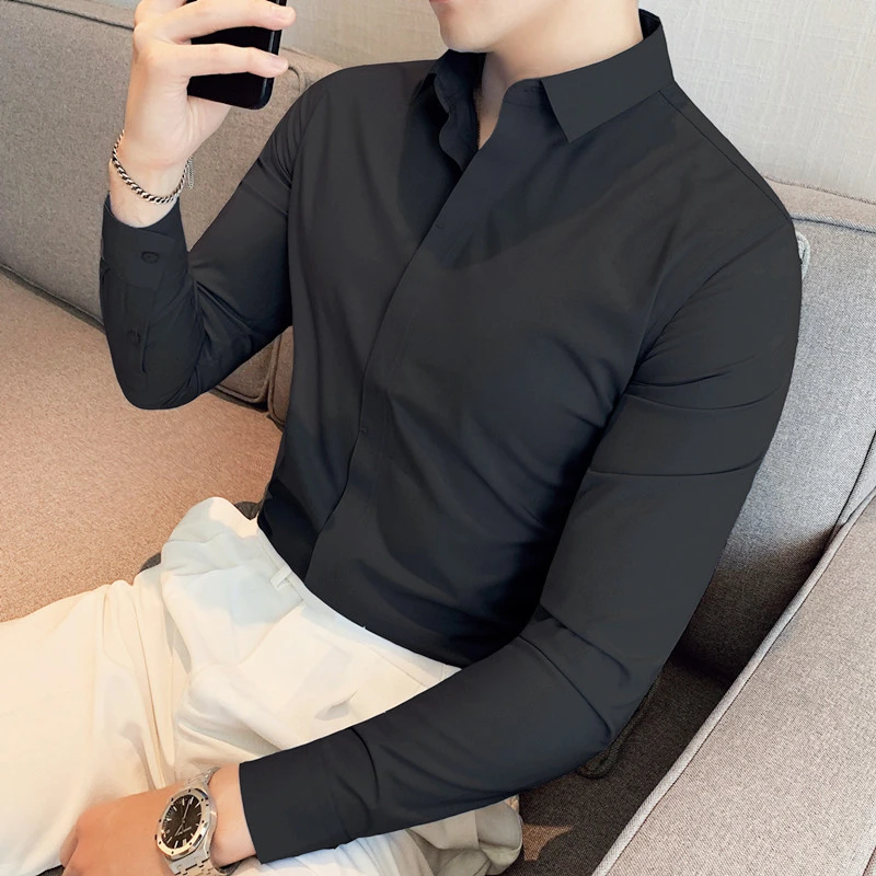 高级感衬衫男长袖暗门襟免熨烫抗皱无痕衬衫百搭修身潮流纯黑色寸