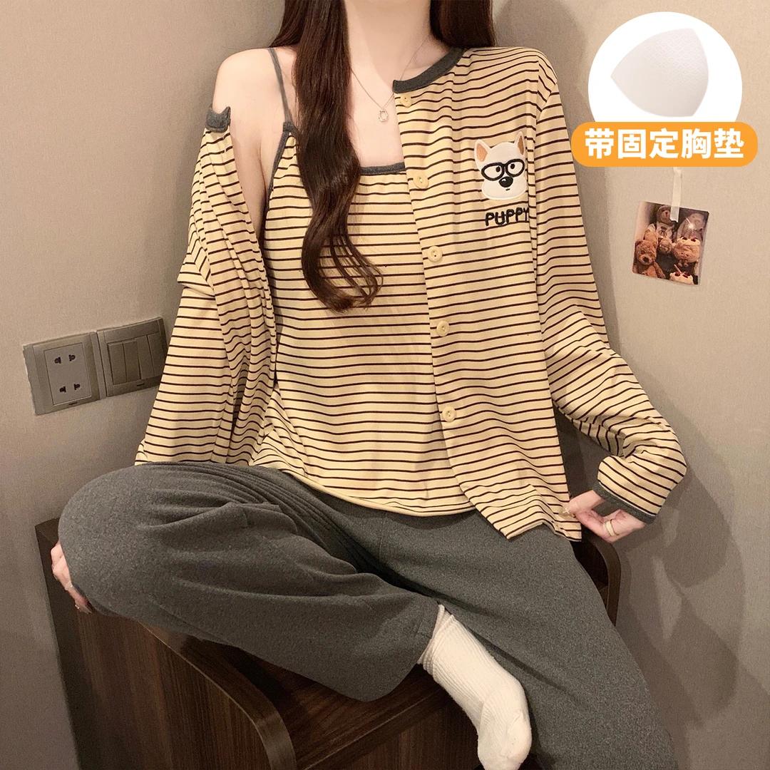 【条纹小狗】德绒睡衣女冬季吊带三件套带胸垫家居服保暖加绒3306