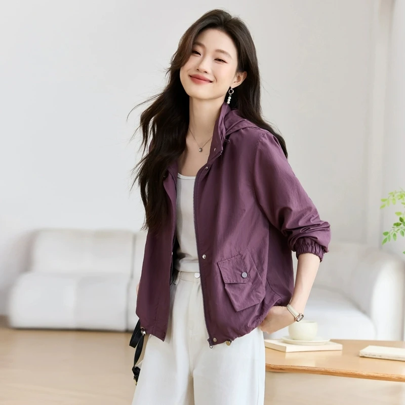 薄款夹克外套女春秋2025新款时尚洋气小个子连帽风衣短款休闲上衣