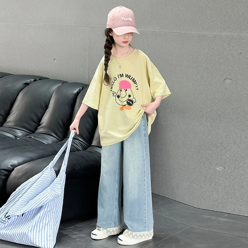 女童夏季韩版短袖T恤2025洋气新款中大儿童6-12-15薄款阔腿牛仔裤