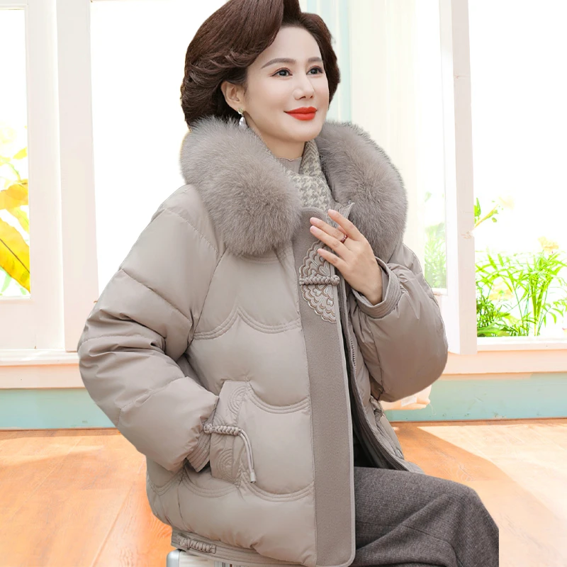 新中式妈妈冬装羽绒棉服大毛领棉衣外套国风女加厚棉袄运动棉衣潮