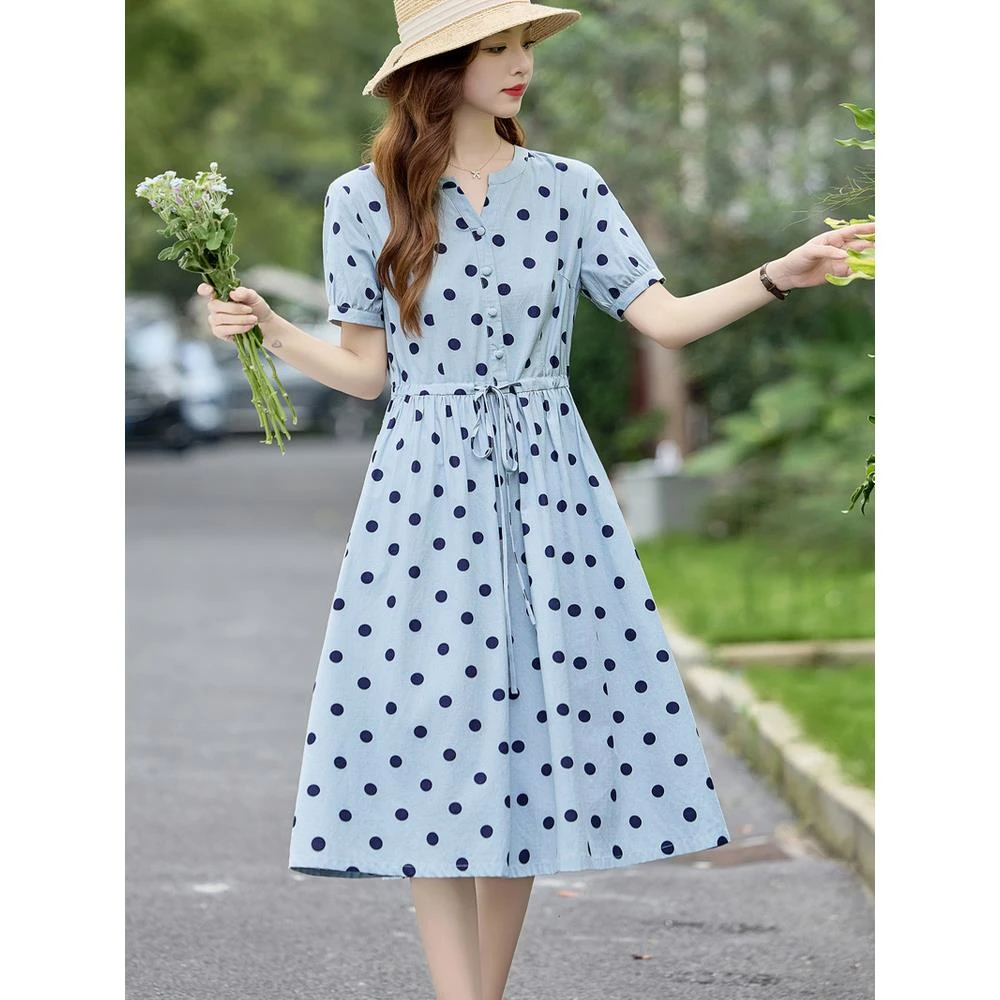 高端波点连衣裙女夏季轻奢高级感法式复古收腰减龄显瘦休闲a字裙