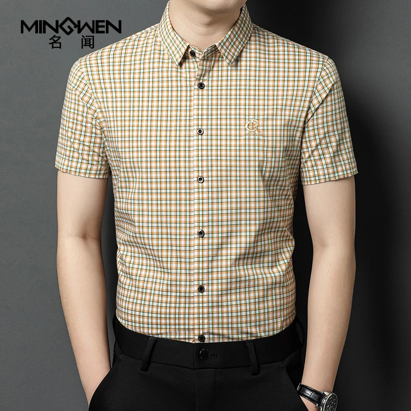 细格子短袖衬衫男夏季薄时尚潮流高级感痞帅刺绣衬衣宽松休闲上衣