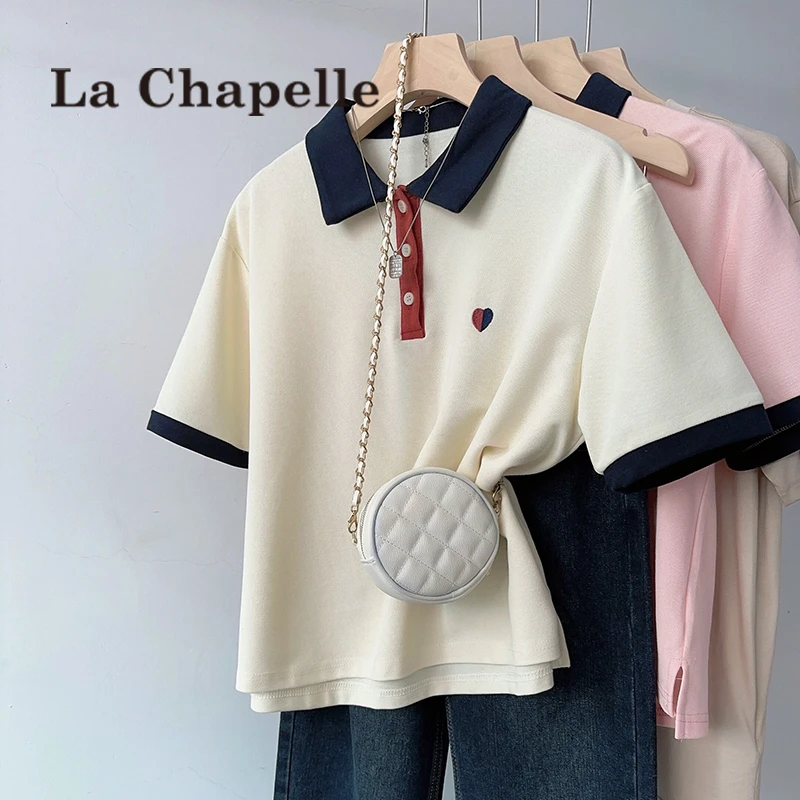 拉夏贝尔撞色POLO领短袖T恤女2025夏季宽松休闲爱心刺绣大码上衣