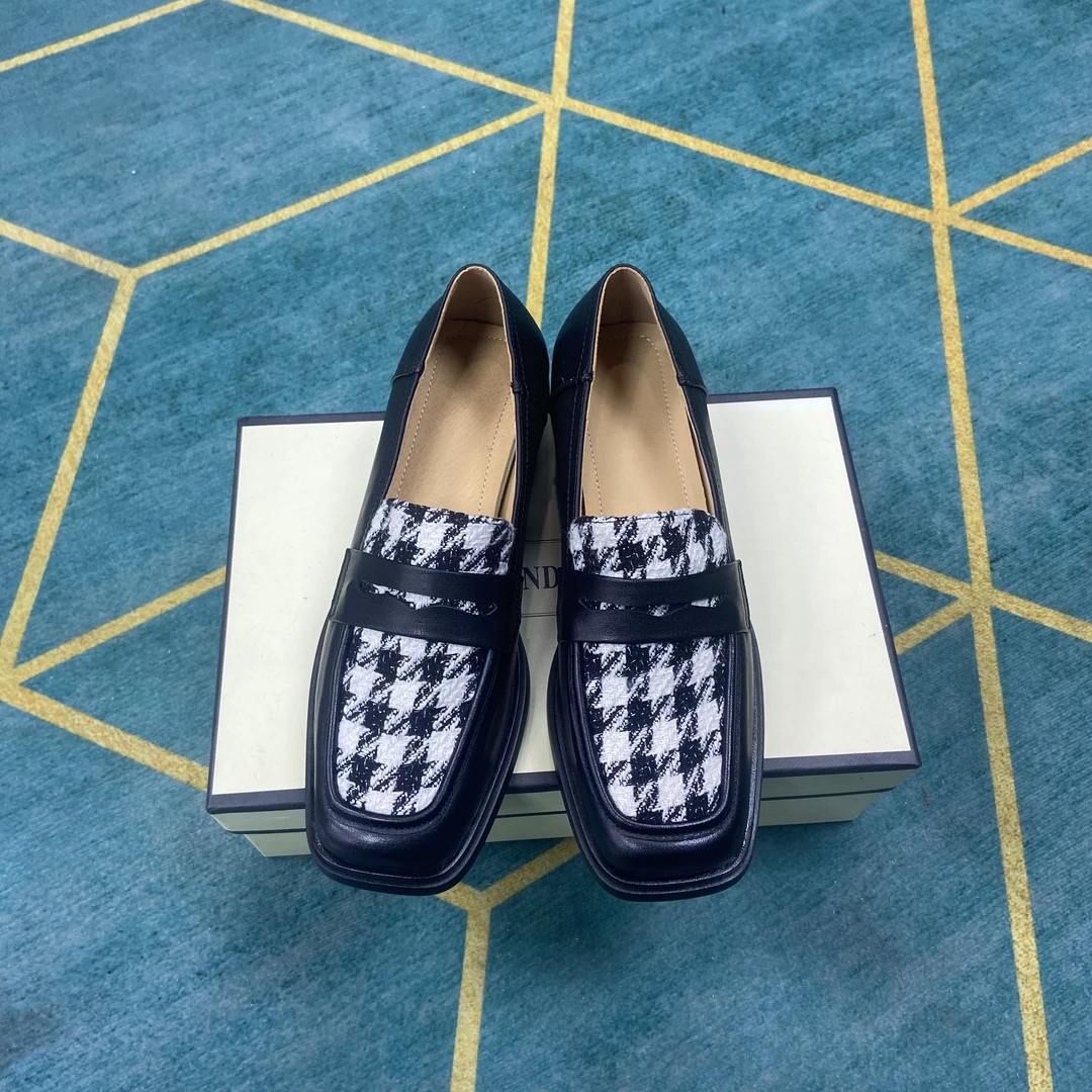 牛皮3cm方头低跟单鞋女7677