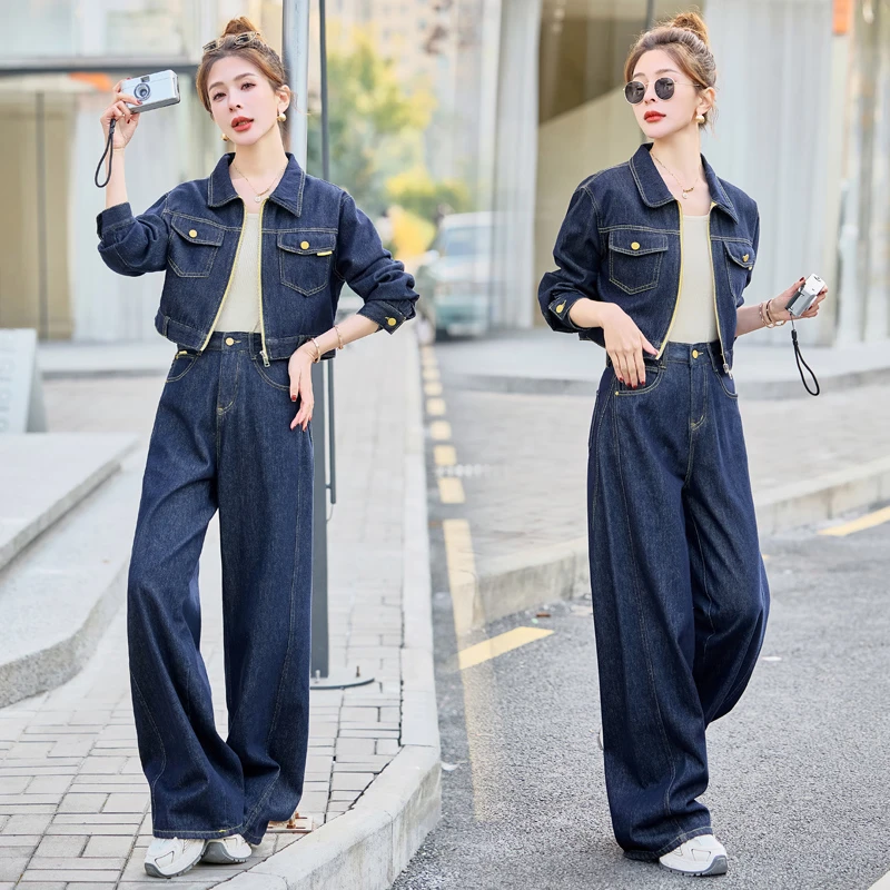 撞色拼接翻领牛仔套装女2025年春季新款韩系时尚减龄阔腿裤两件套