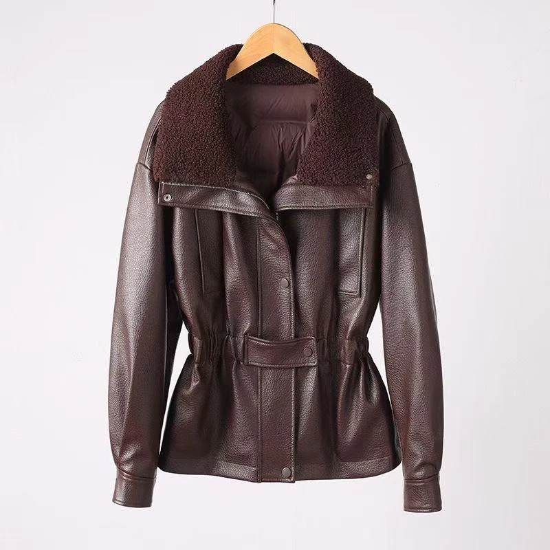 冬季短款翻领皮夹克长袖韩版方领秋冬女款皮衣修身型
