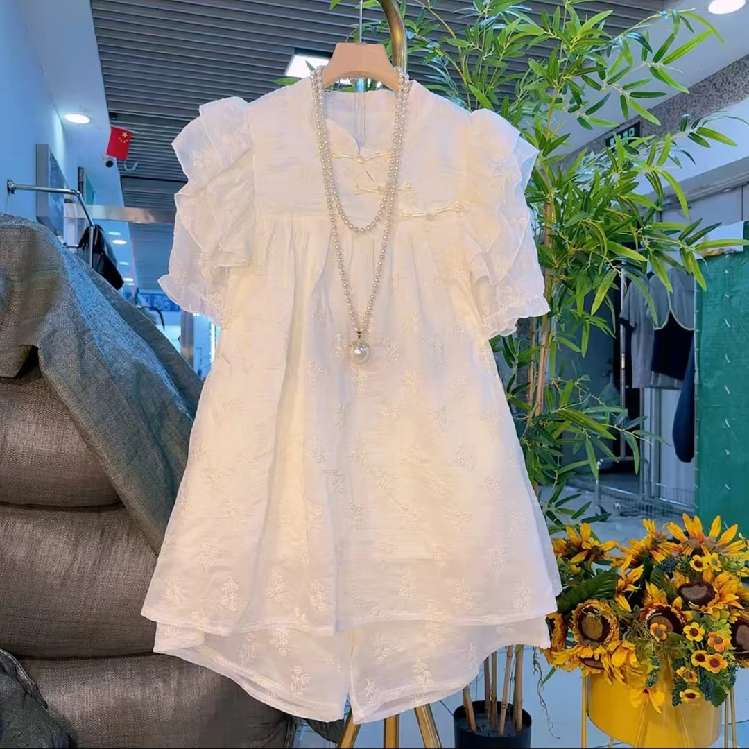芃芃2575（短裤套）夏女国风立领斜襟盘扣刺绣花朵上衣+短裤俩件套