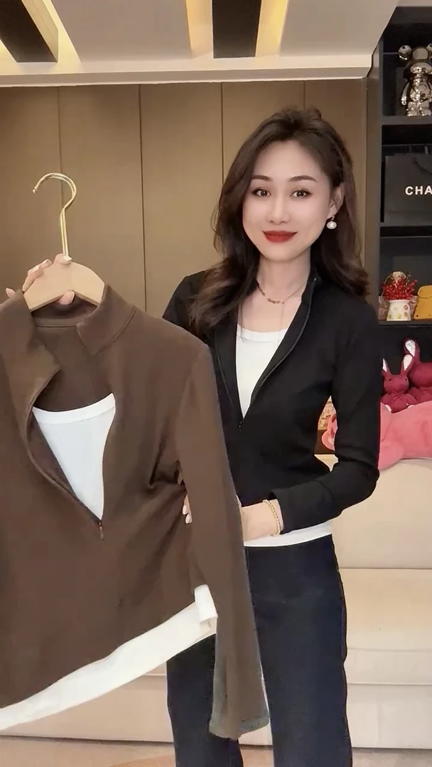 时尚撞色修身设计感半拉链立领长袖T恤女2025秋季新款假两件上衣