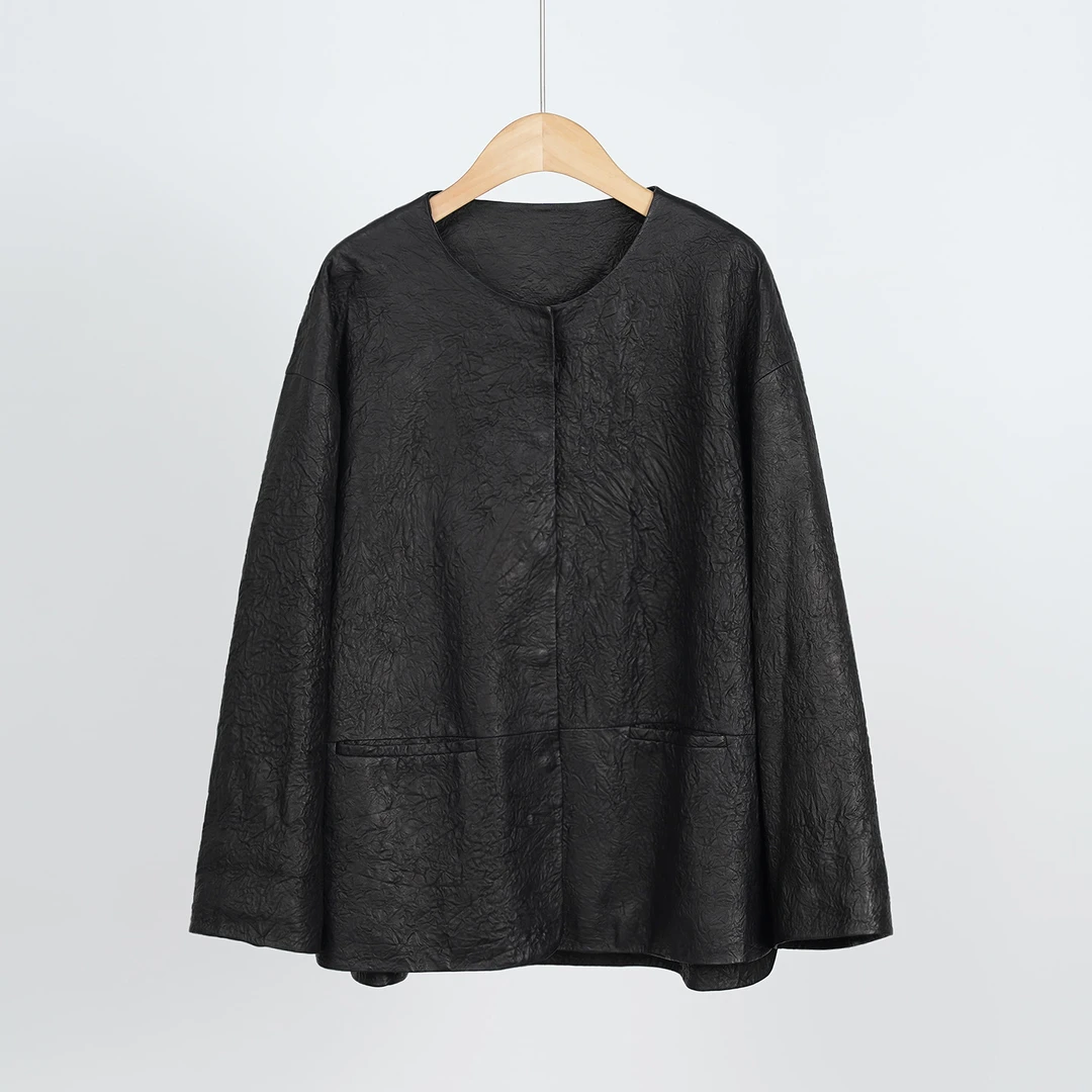 r*ow老钱 纯手工抓皱胎羊绵羊皮女士皮衣外套（241390）20922