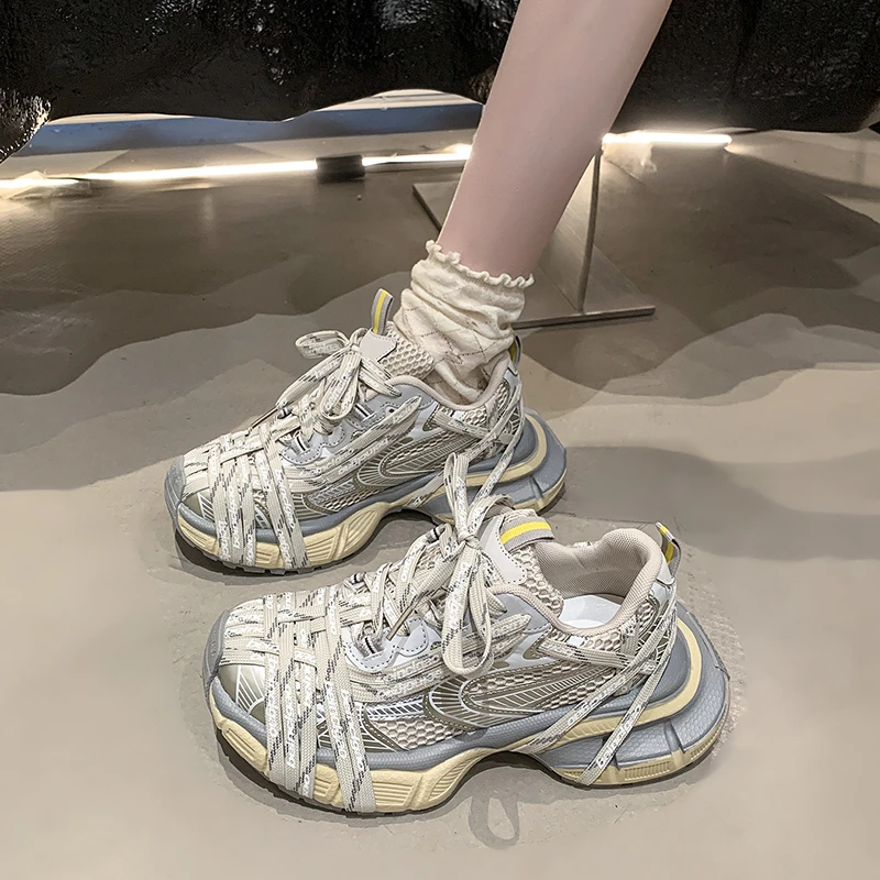 高奢绑带厚底炸街老爹鞋女2025新款小个子百搭增高休闲跑步运动鞋