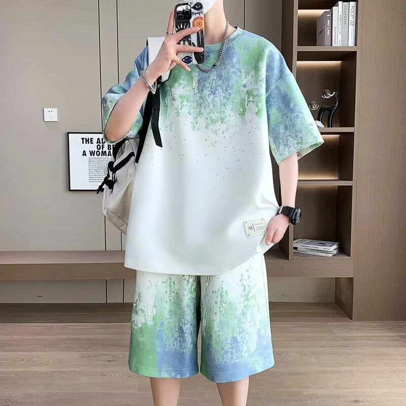 休闲夏季宽松潮流渐变ins扎染短袖T恤短裤百搭韩版港风运动套装男
