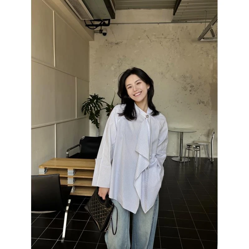 【YICONG】<初见>春夏季时尚设计感百搭白色长袖条纹衬衫150046#