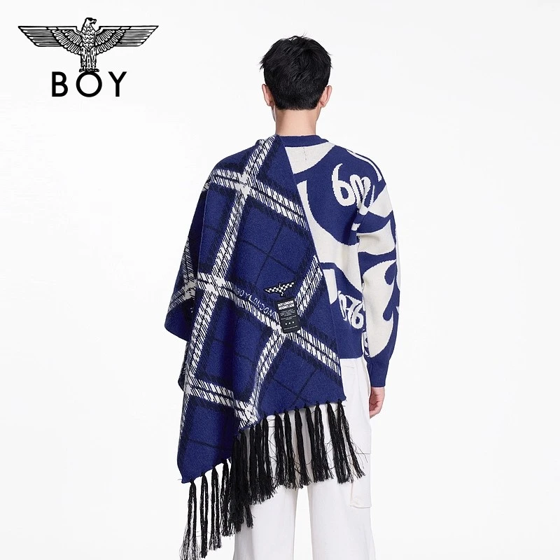 BOYLONDON蓝白拼色菱形格针织细条纹流苏披肩保暖男女围巾N88701