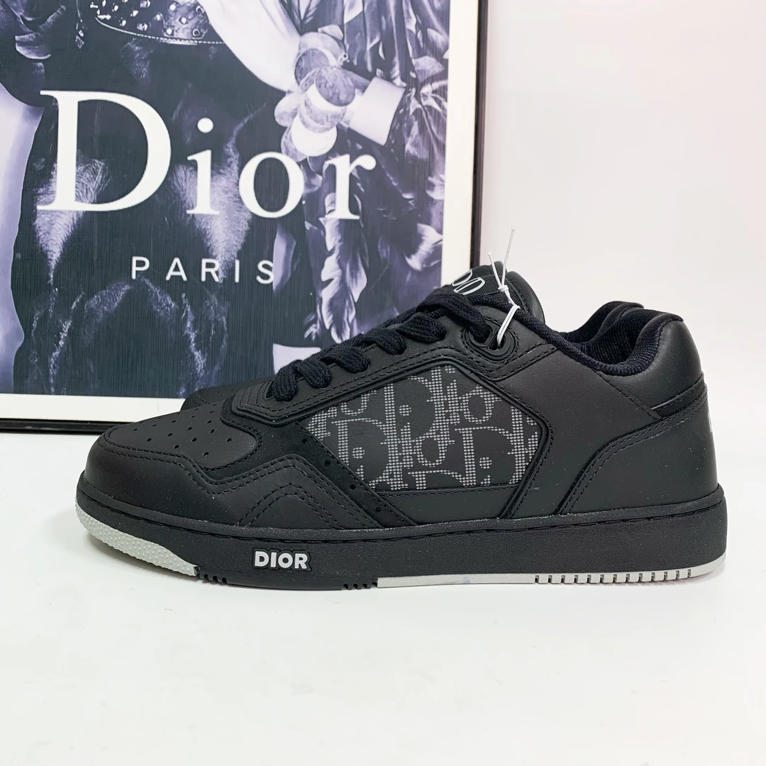 全新未使用 DIOR/迪奥 迪奥B27灰黑色皮面老花镂空板鞋潮流