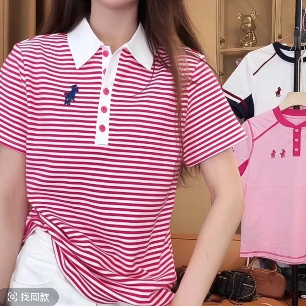 龙女家欧货大码宽松女T恤翻领短袖POLO衫红色条纹上衣