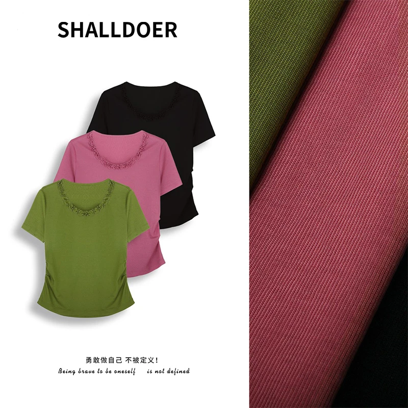 时尚百搭显瘦木耳边设计感上衣女士2025夏季新款圆领纯色短袖T恤