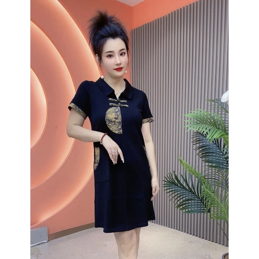 6019女士夏季经典款国风刺绣半袖翻领设计连衣裙