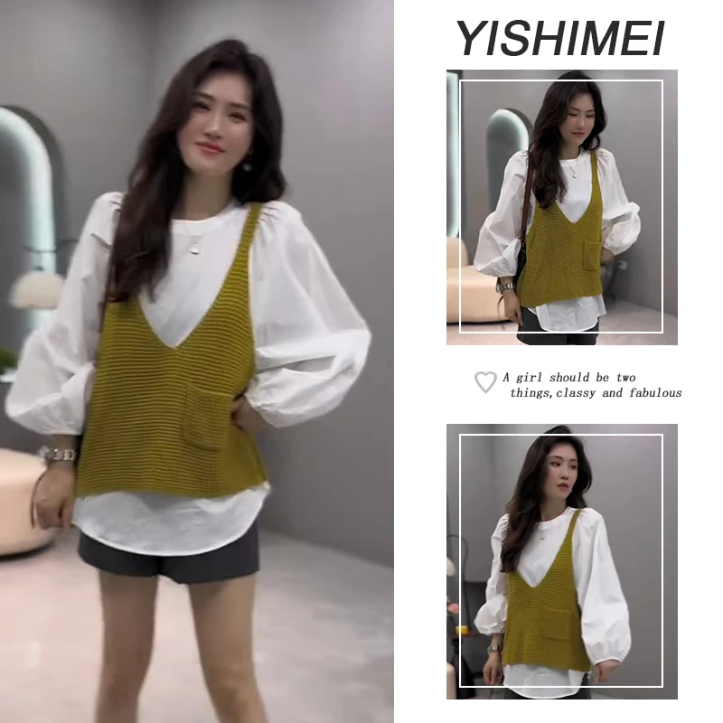 早秋超火一整套2025年新款百搭长袖衬衫针织背心高腰短裤三件套装