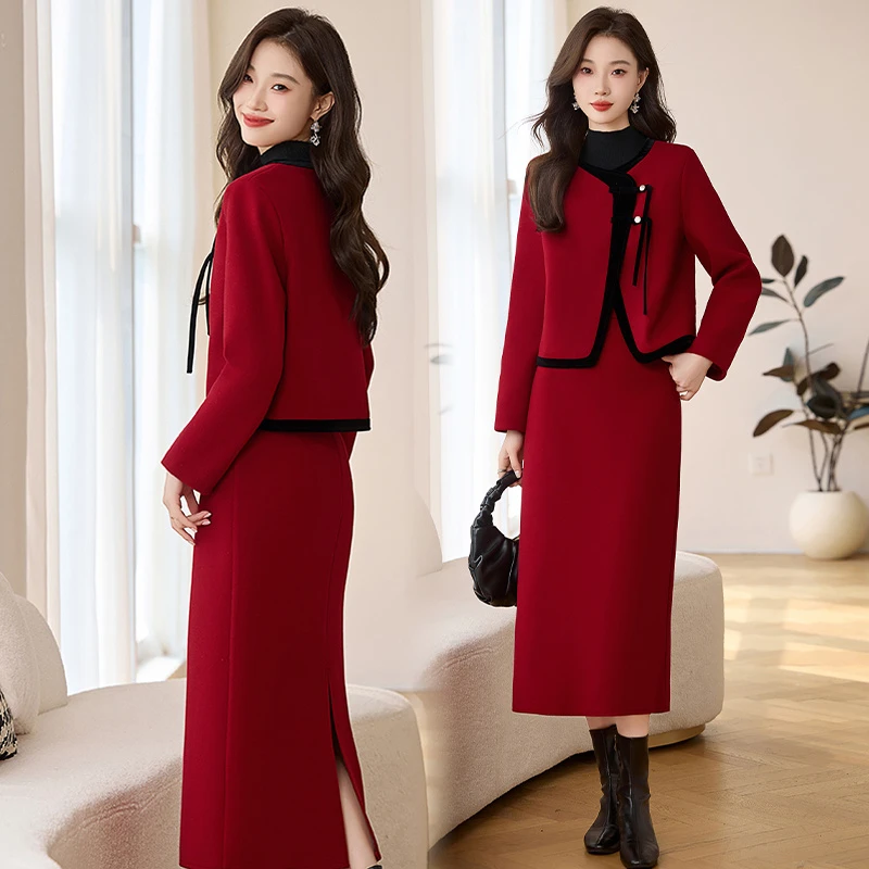 2025冬季时尚夹棉小香风套装显瘦气质红色裙子保暖修身秋冬洋气