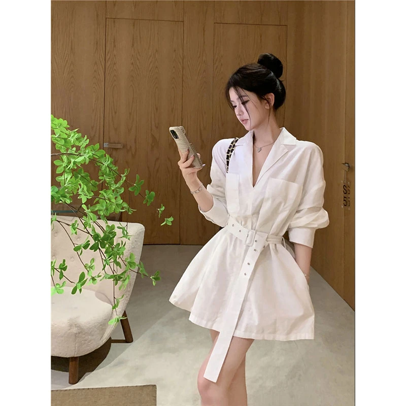 秋季新品法式复古小西装领衬衫连衣裙长袖收腰显瘦A字裙配腰带