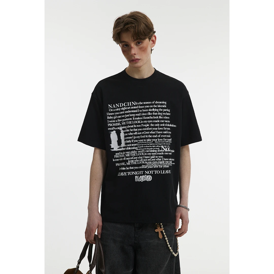 男道美式海报弹幕LOGO贴标短袖T恤夏季重磅嘻哈街头宽松潮牌上衣