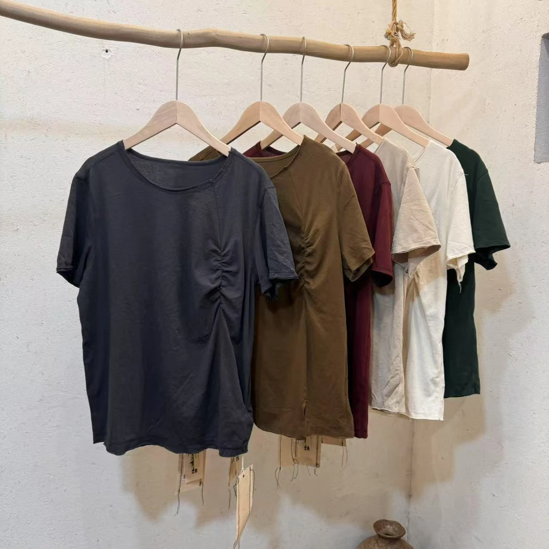 忆古朴拙打皱小开叉短袖241224时尚休闲纯色百搭舒适