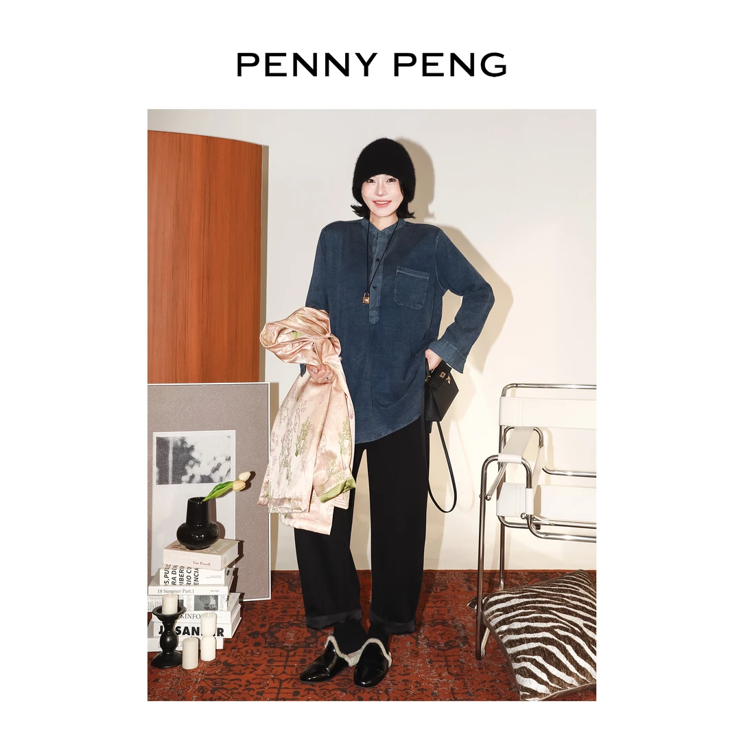 PENNYPENG纽约时髦客 黑标系列设计感百搭针织纯棉牛仔蓝长袖衬衫