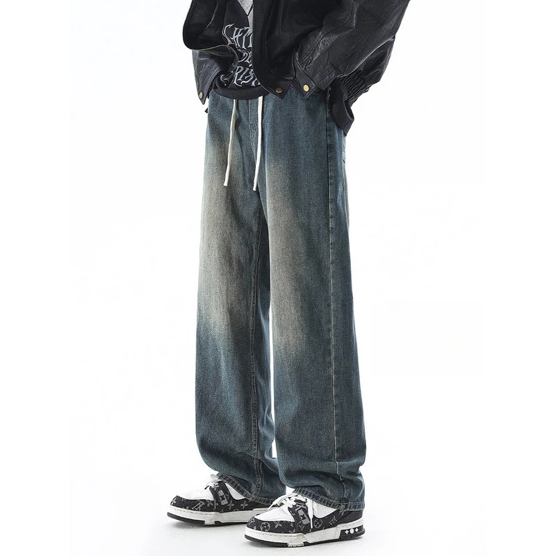 蓝色水洗松紧腰牛仔裤男春秋季2025新款美式复古直筒宽松休闲长裤