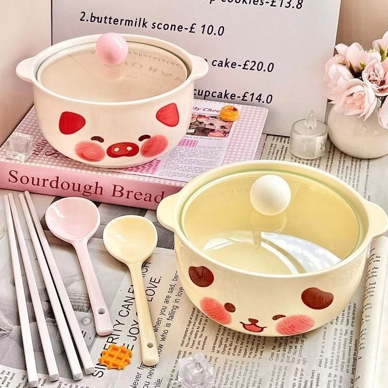 奶油风小猪小狗陶瓷泡面碗双耳带盖釉下彩防烫家宿舍方便面碗APS