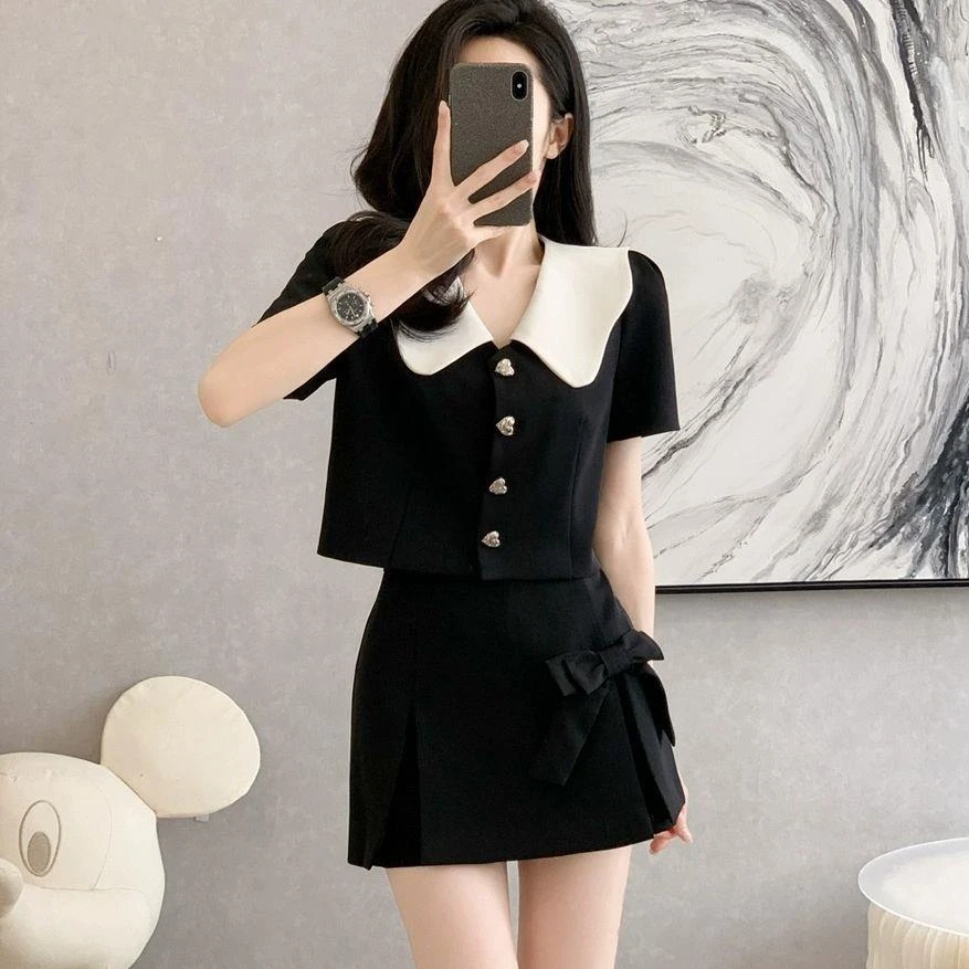 两件套小香风娃娃领时尚套装女通勤短款西装上衣高腰裙裤D0841