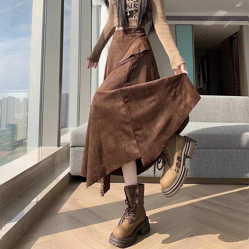 蕾丝拼接不规则麂皮绒半身裙女秋冬季美拉德遮胯显瘦a字大摆长裙