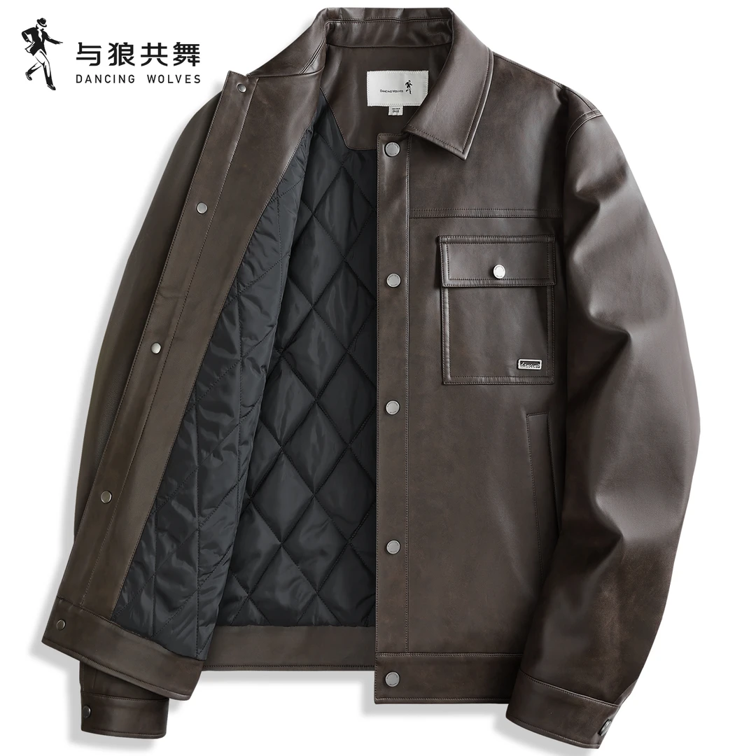 【夹棉】与狼共舞翻领皮夹克男士2025秋冬新款pu皮衣休闲保暖外套