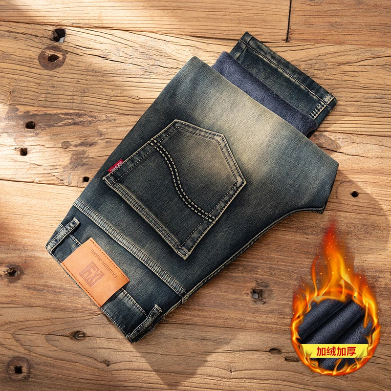景君澜冬季高档复古做旧加绒加厚牛仔裤直筒弹力潮流男士保暖长裤
