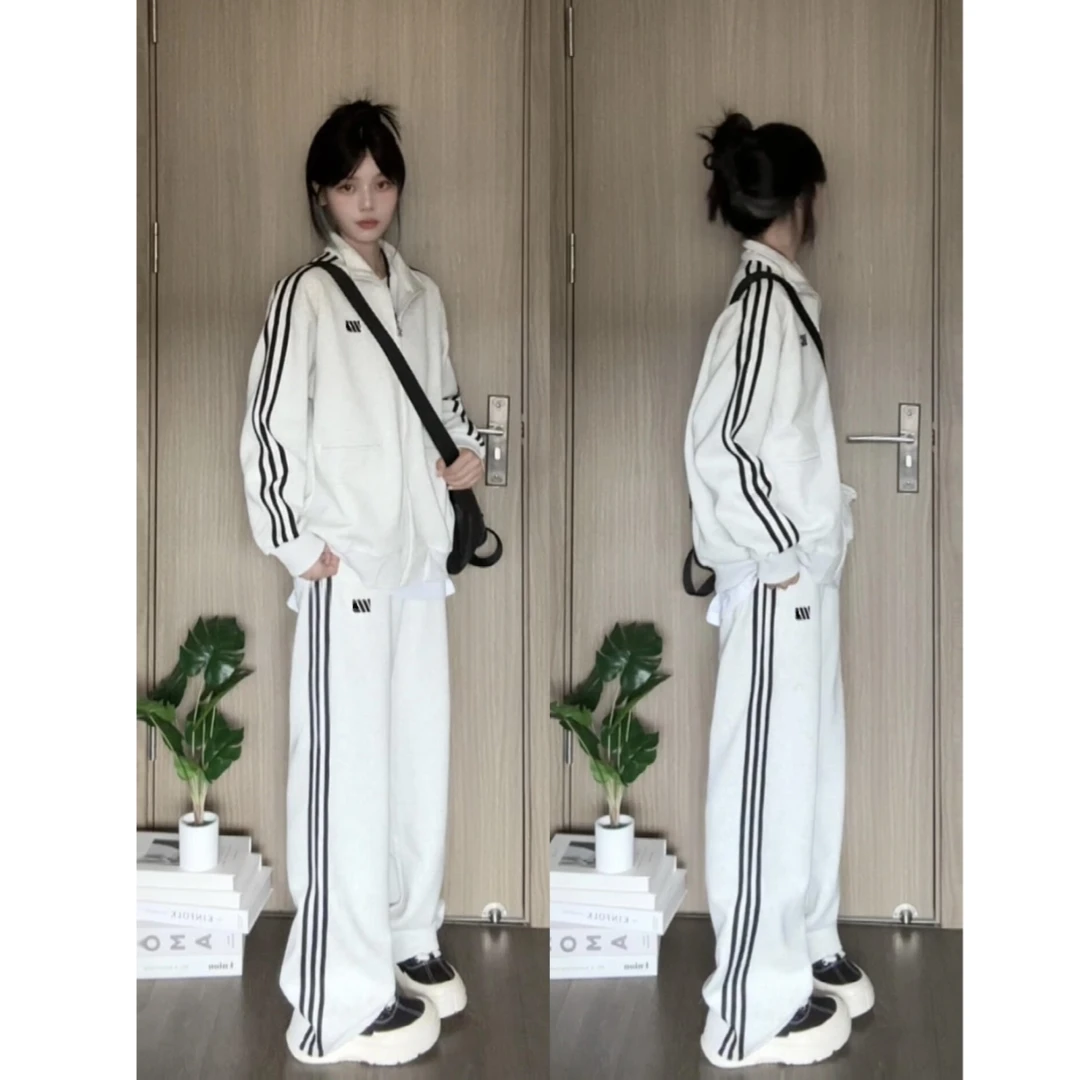 秋冬季休闲运动服套装女宽松大码加绒加厚立领开衫卫衣长裤两件套