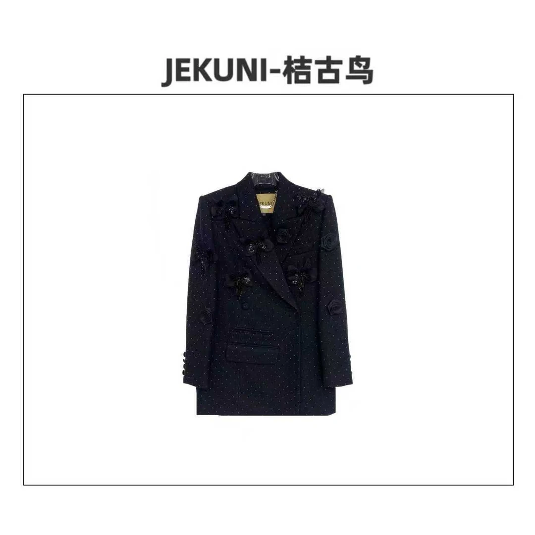 JEKUNI/桔古鸟【艺术设计】黑色手工满钻花朵高定轻奢时尚西装外套